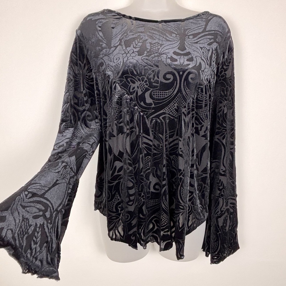 Velvet Burnout Top XL Black Babydoll Witchy Whimsigoth Fairy Goth Bell Sleeves
